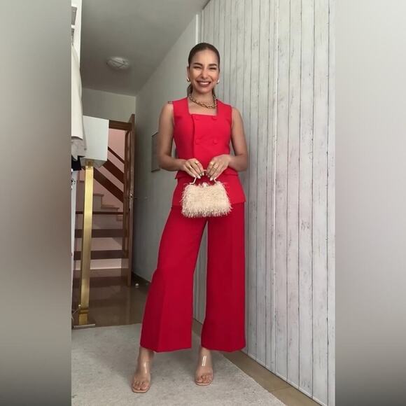 Zara RED WIDE LEG CROPPED PANTS - Picture 3 of 14